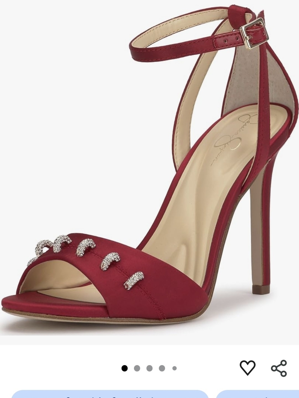 Jessica Simpson Red Satin Ankle-Strap Heels with Crystal Accents